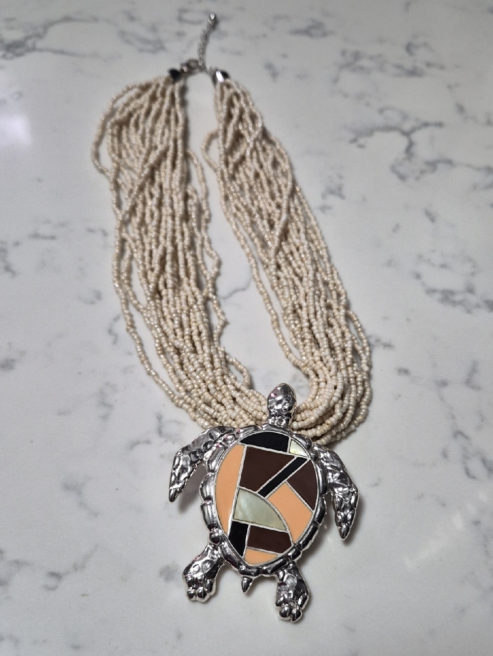 Geometric Turtle Pendant Necklace in Pearl,  Peach, Black & Cream